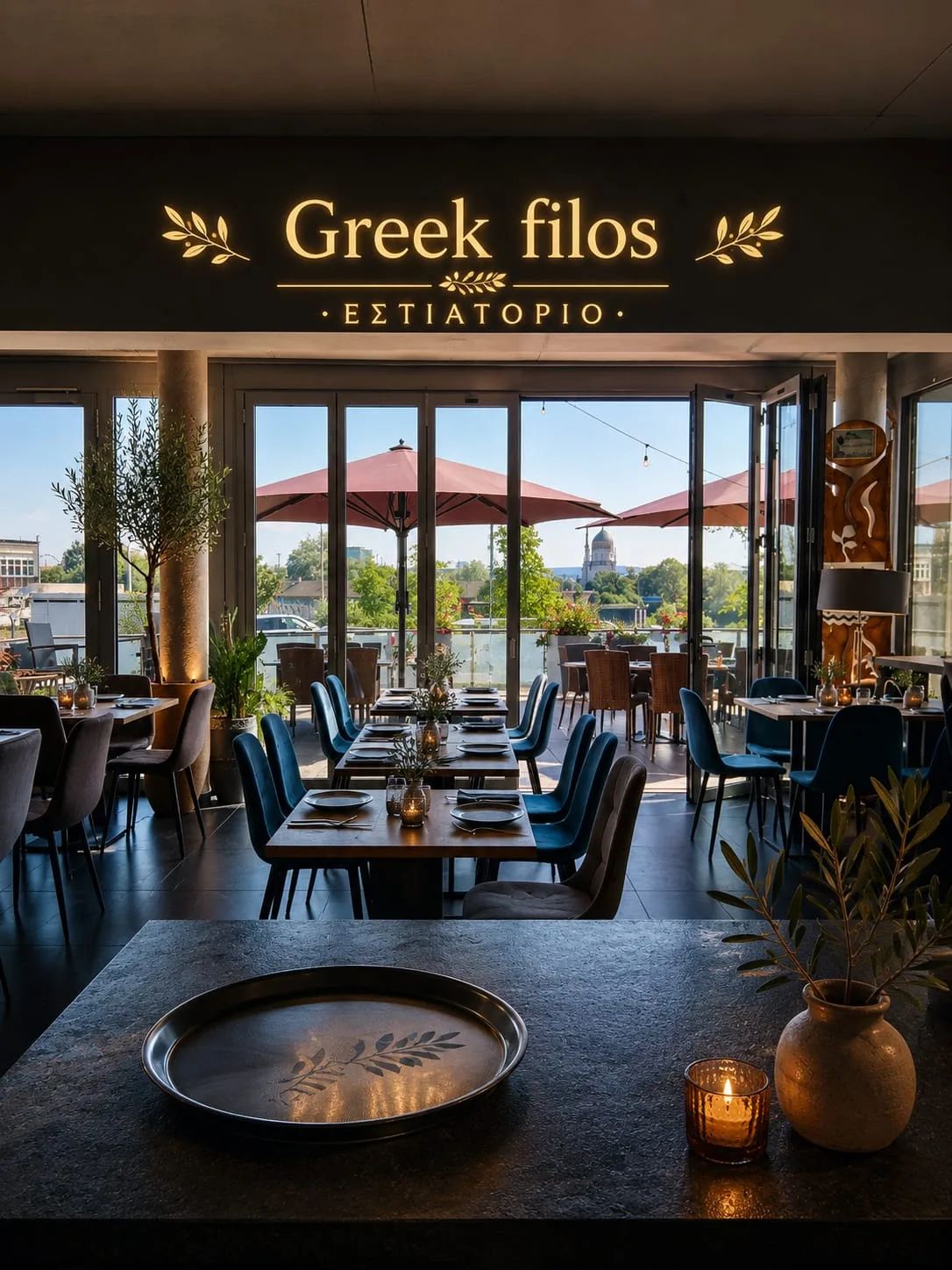 Blick in das Restaurant Greek Filos mit Terrasse