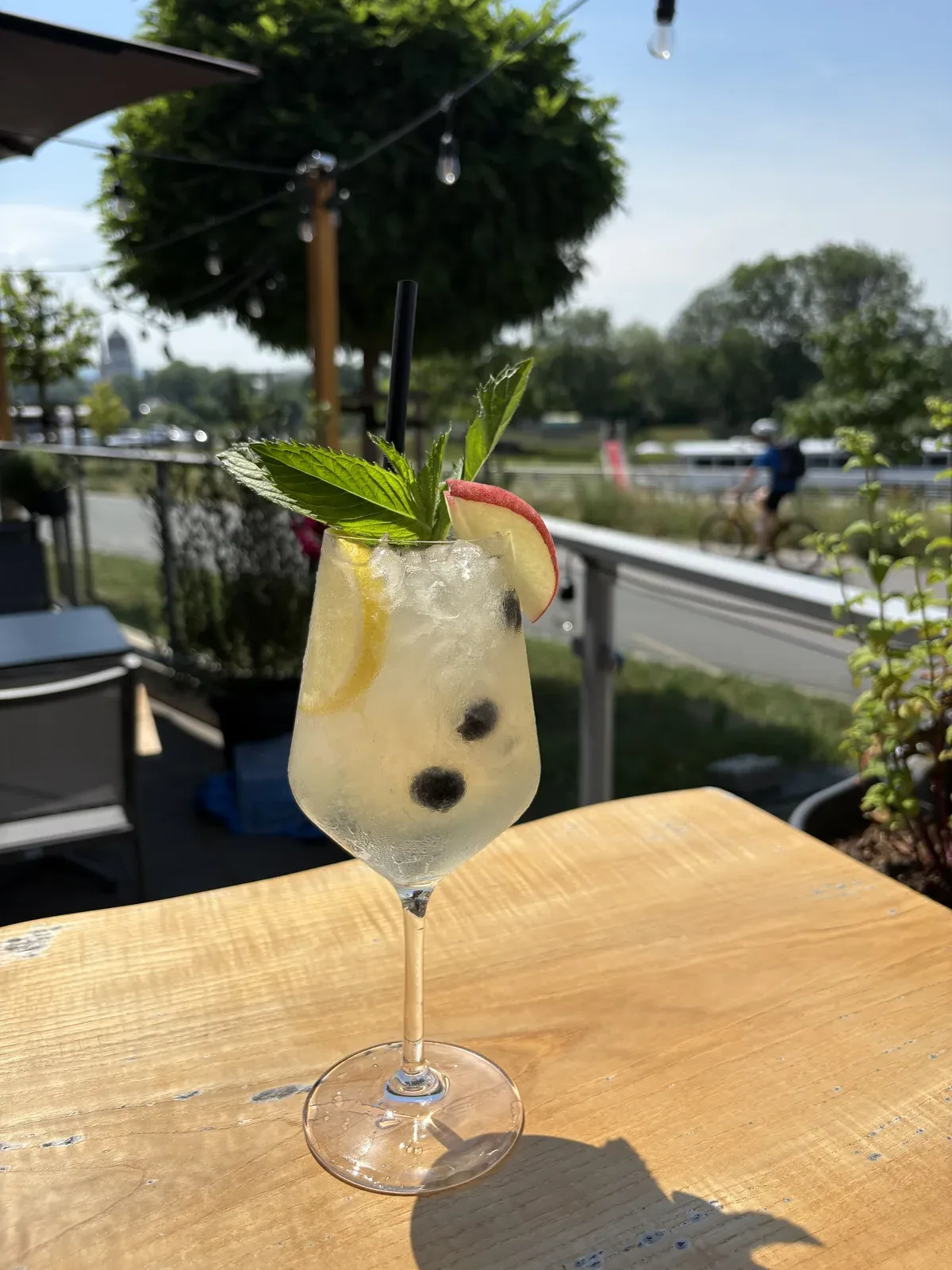 Sommerlicher Spritz mit Minze, Zitrone, Heidelbeeren und Pfirsich